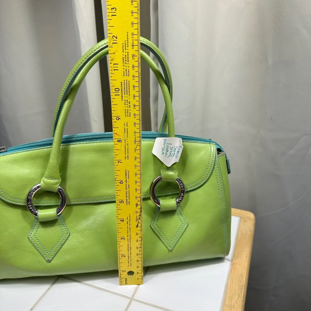 Franco Sarto Satchel Bag Womens Medium Lime Green Leather Blue Trim Excellent